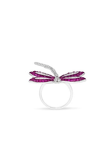 White Rhodium Finish Ruby Spinel Stone Dragonfly Ring In Sterling Silver