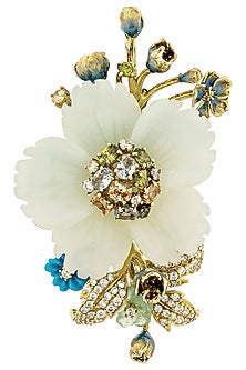 Gold Finish Cubic Zirconia & Blue Onyx Brooch In Sterling Silver