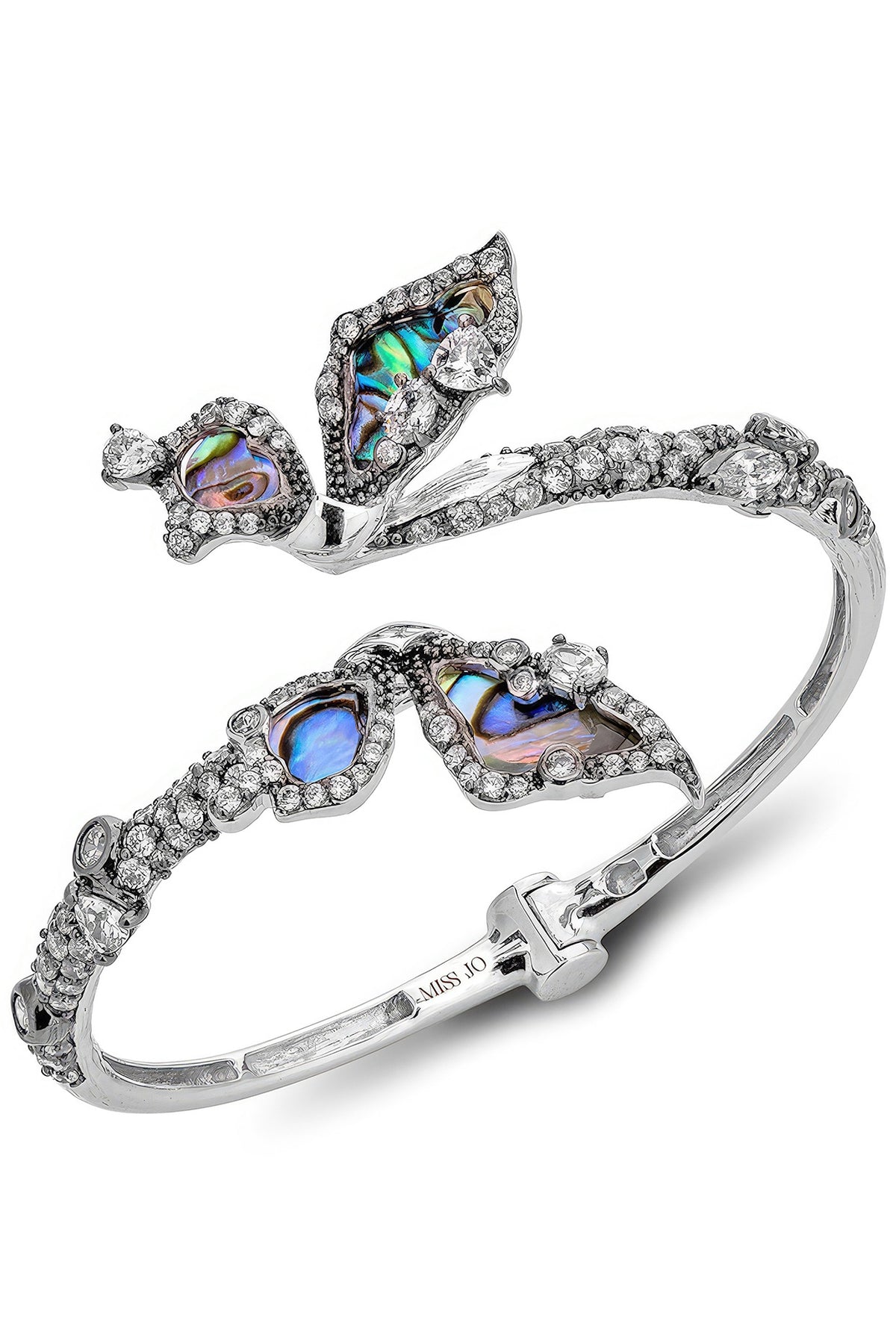 White Rhodium Finish Blue Cubic Zirconia Cuff Bracelet In Sterling Silver