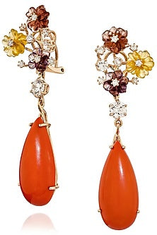 Rose Gold Finish Cubic Zirconia & Coral Stone Floral Dangler Earrings In Sterling Silver