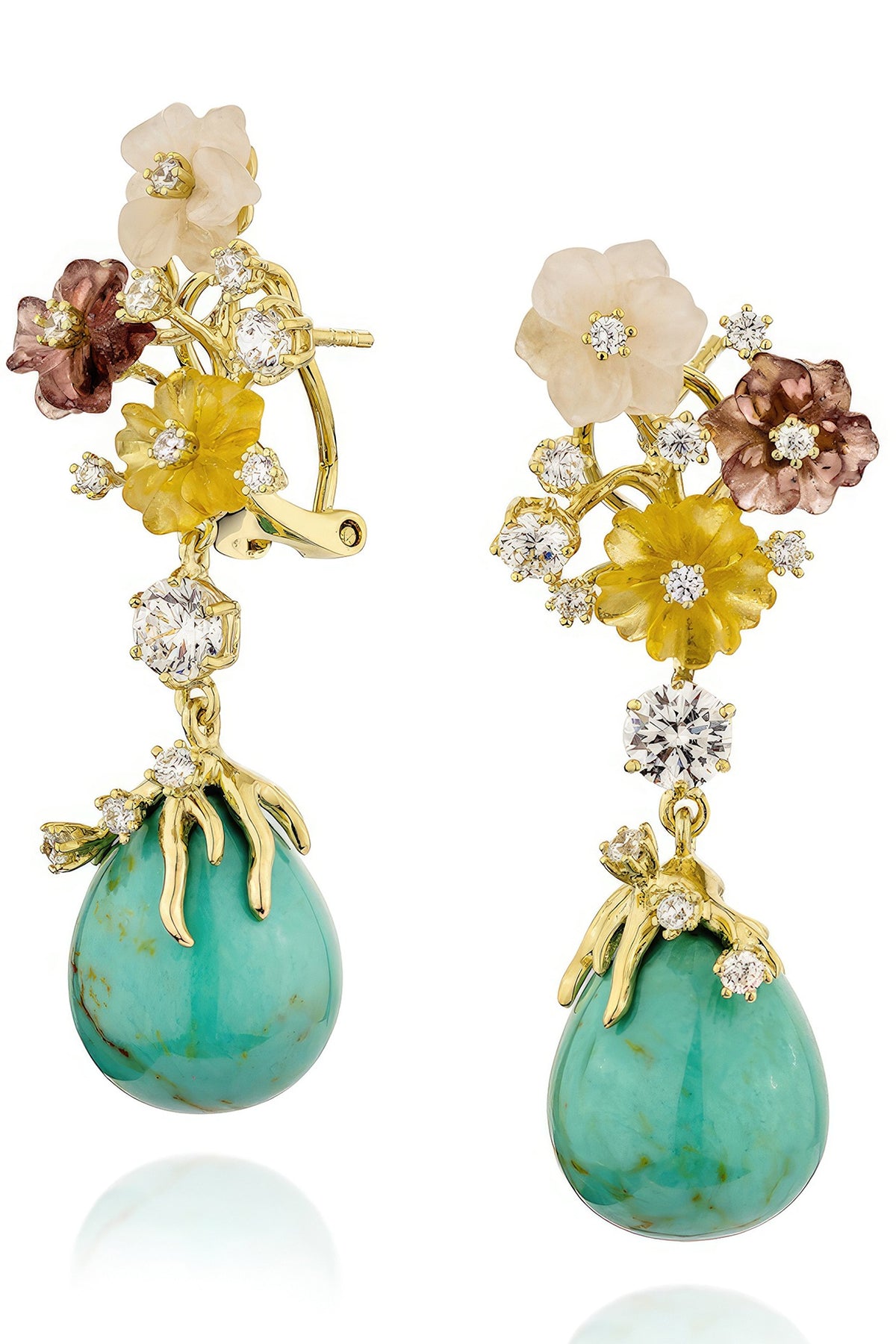 Gold Finish Cubic Zirconia & Turquoise Stone Floral Dangler Earrings In Sterling Silver