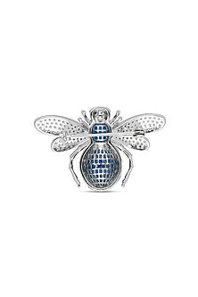 White Rhodium Finish Sapphire Blue Spinel Stone Honey Bee Brooch In Sterling silver