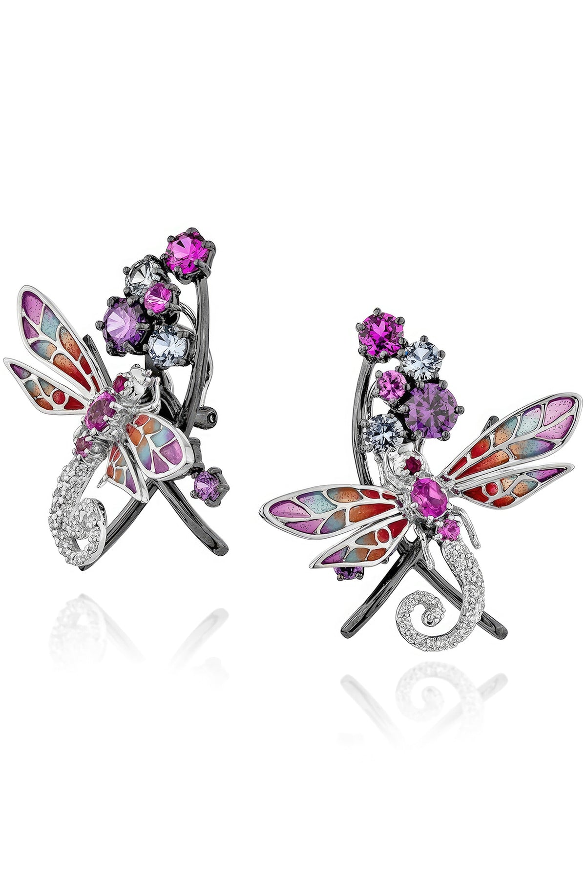 White Rhodium Finish Cubic Zirconia & Canary Stone Stud Earrings In Sterling Silver