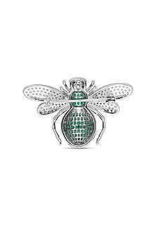 White Rhodium Finish Emerald Green Spinel Stone Honey Bee Brooch In Sterling silver