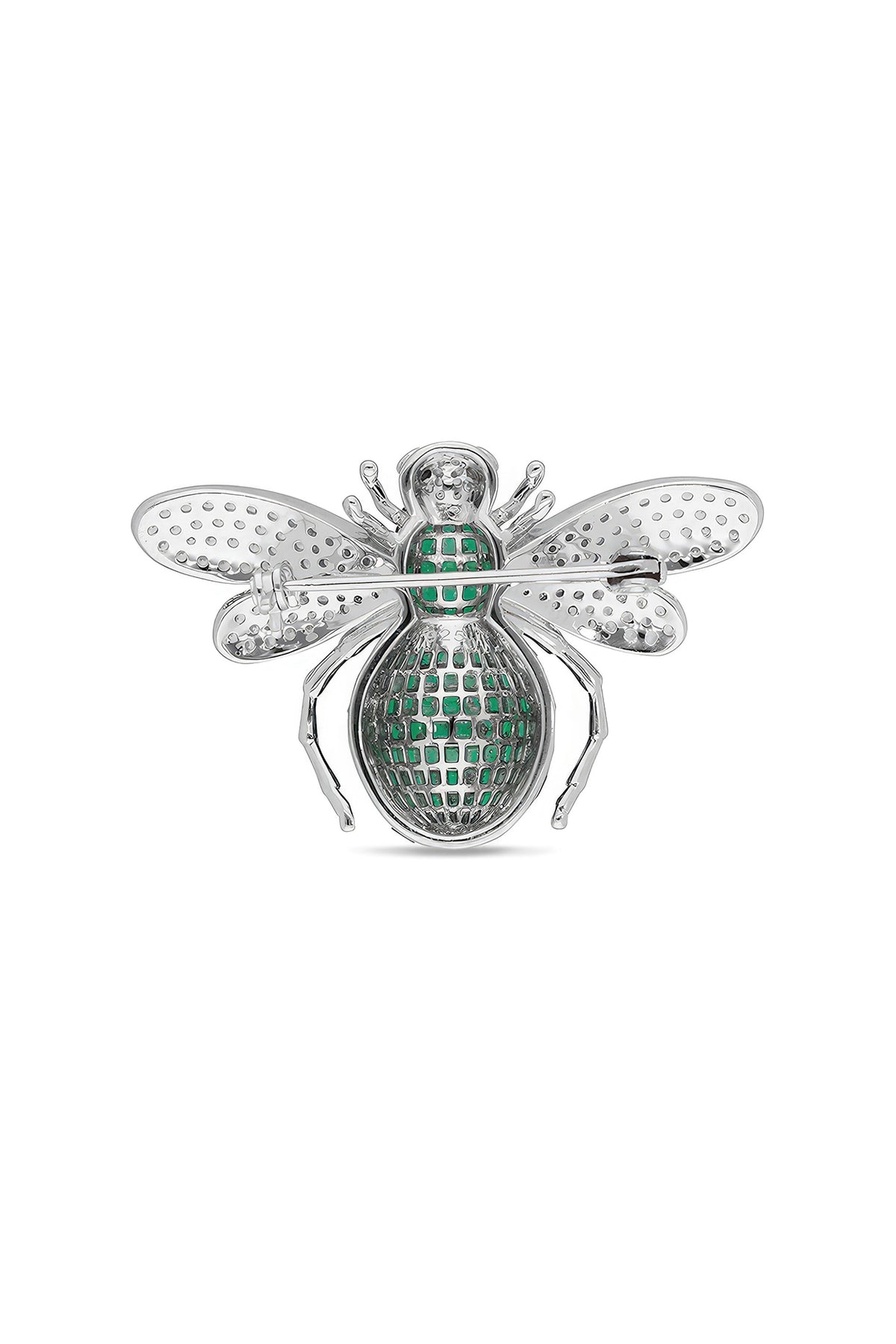White Rhodium Finish Emerald Green Spinel Stone Honey Bee Brooch In Sterling silver