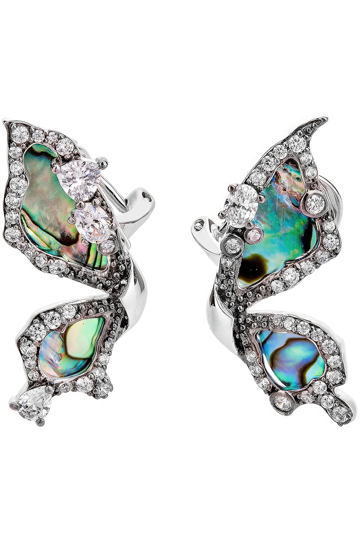 White Rhodium Finish Cubic Zirconia & Abalone Shell Butterfly Earrings In Sterling Silver