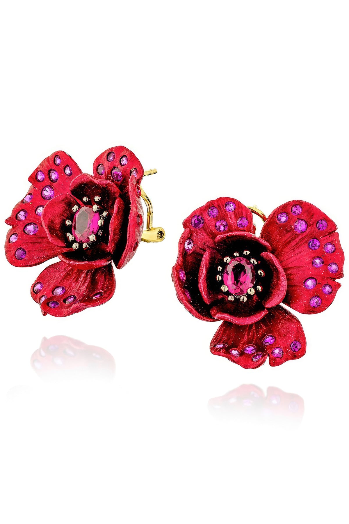 Gold Finish Cubic Zirconia & Red Stone Floral Stud Earrings In Sterling Silver