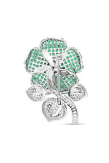 White Rhodium Finish Emerald Spinel Stone Floral Brooch In Sterling Silver