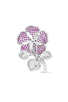 White Rhodium Finish Ruby Spinel Stone Floral Brooch In Sterling Silver
