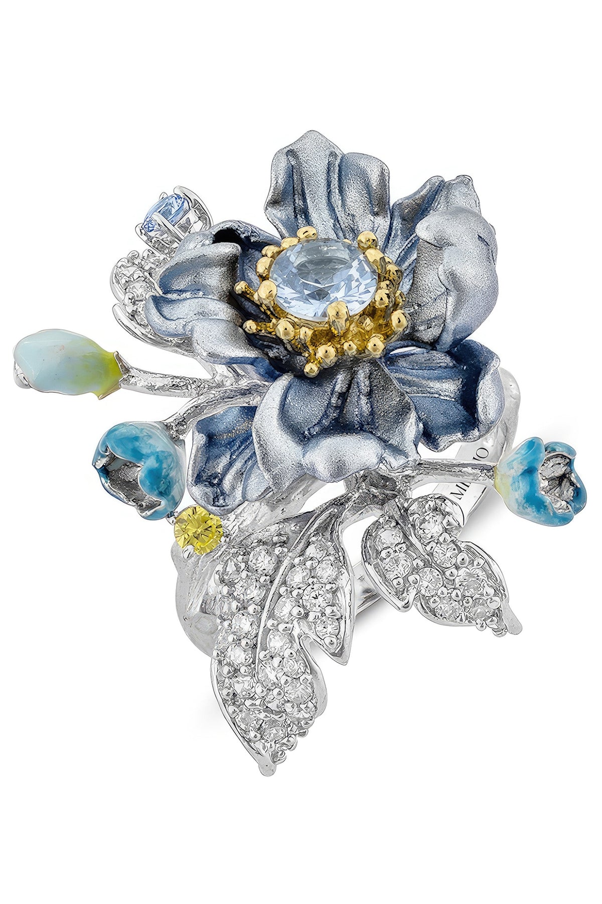 White Rhodium Finish Cubic Zirconia & Blue Topaz Stone Floral Ring In Sterling Silver