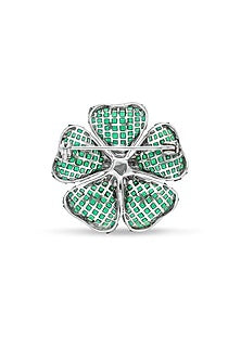 White Rhodium Finish Emerald Spinel Stone Floral Brooch In Sterling Silver