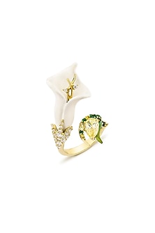 Gold Finish Cubic Zirconia & Canary Stone Floral Ring In Sterling Silver