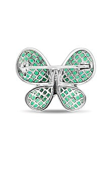 White Rhodium Finish Emerald Spinel Stone Butterfly Brooch In Sterling Silver
