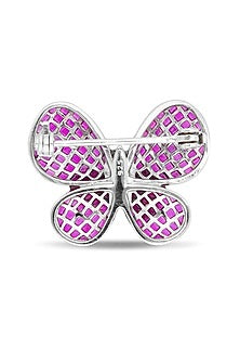 White Rhodium Finish Ruby Spinel Stone Butterfly Brooch In Sterling Silver
