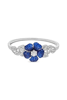 White Rhodium Finish Sapphire Spinel Stone Cuff Bracelet In Sterling Silver