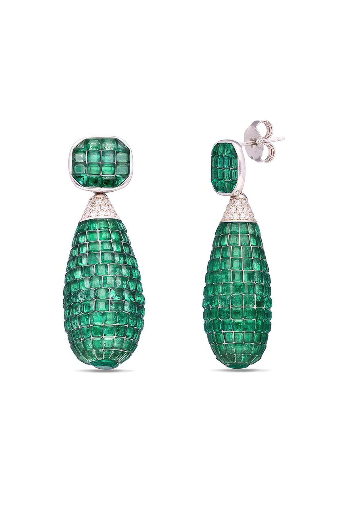 White Rhodium Finish Emerald Spinel Stone Dangler Earrings In Sterling Silver