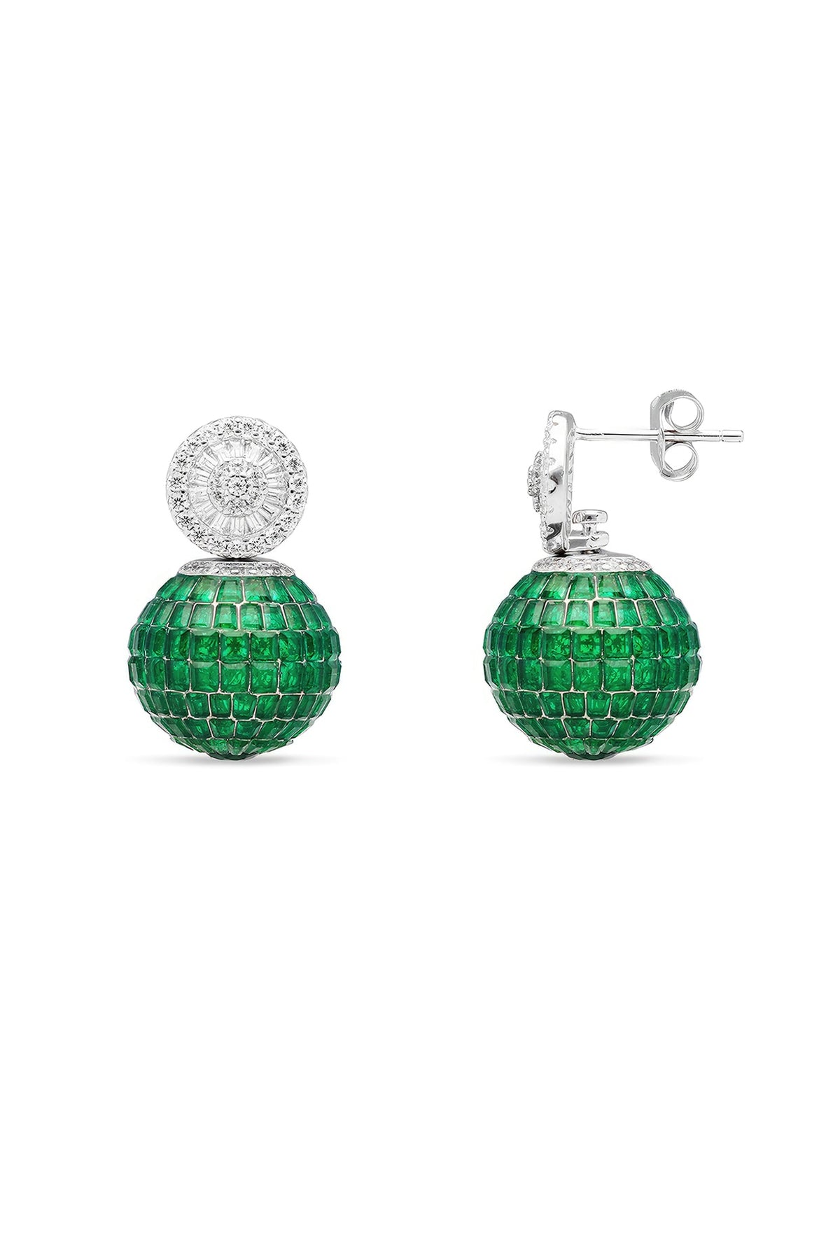 White Rhodium Finish Emerald Spinel Stone Stud Earrings In Sterling Silver