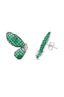 White Rhodium Finish Emerald Spinel Stone Butterfly Stud Earrings In Sterling Silver
