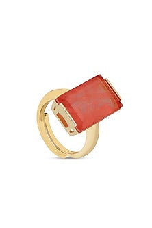Gold Finish Coral Orange Natural Stone Aztec Adjustable Ring In Sterling Silver