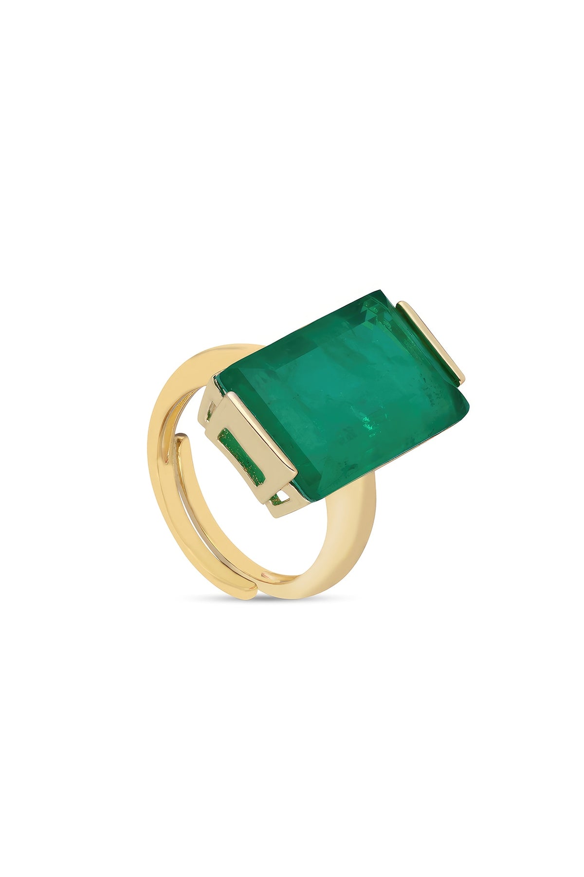 Gold Finish Emerald Green Natural Stone Aztec Adjustable Ring In Sterling Silver