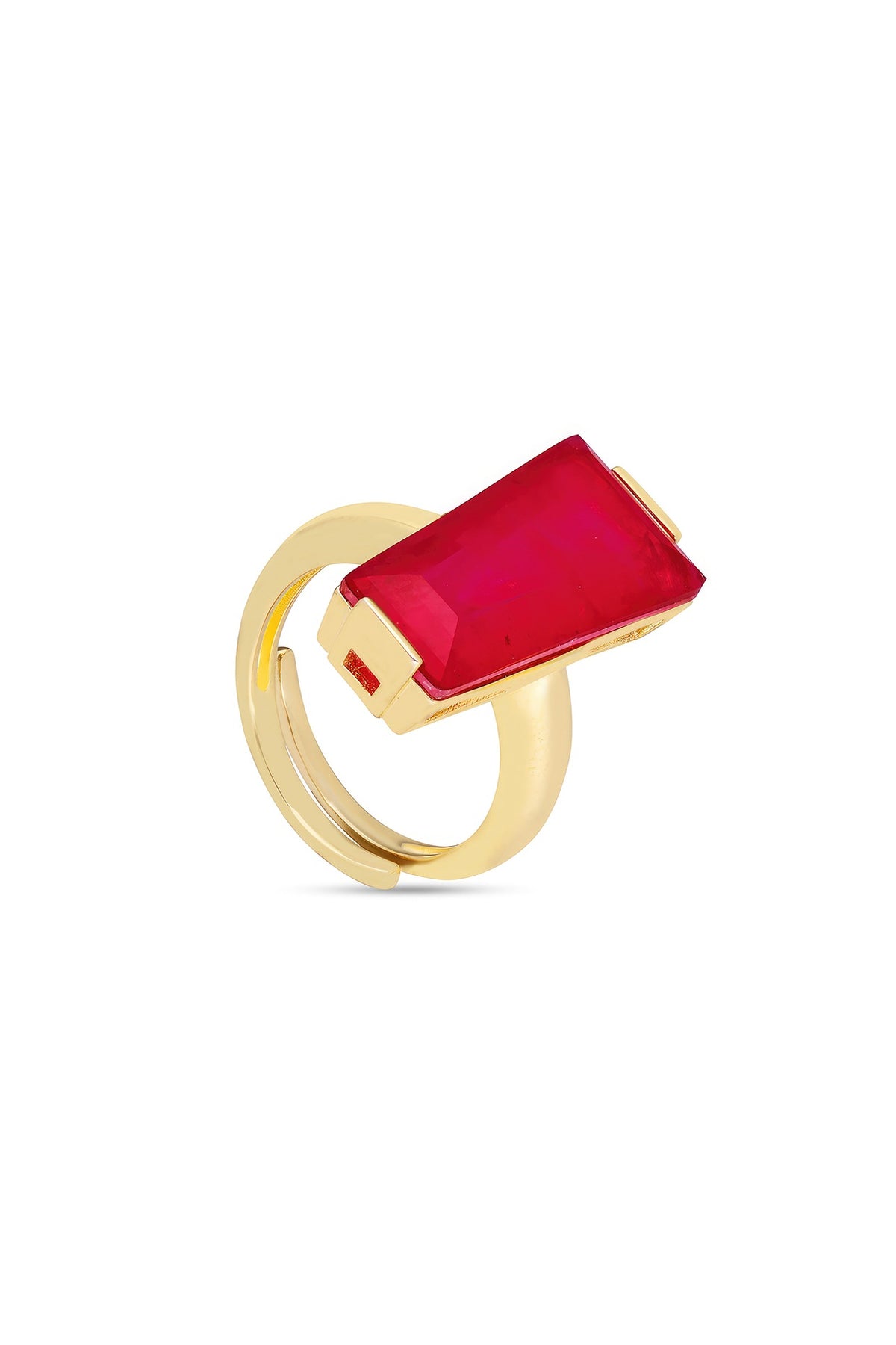 Gold Finish Deep Pink Moon Stone Adjustable Ring In Sterling Silver