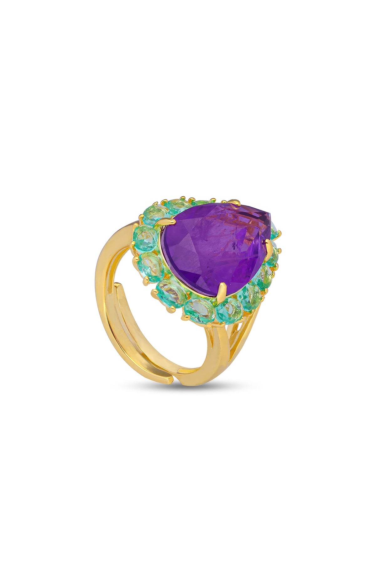 Gold Finish Light Blue & Purple Natural Stone Adjustable Ring In Sterling Silver