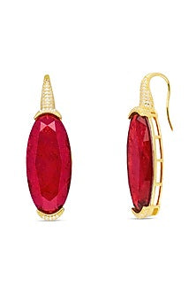 Gold Finish Maroon Red Natural Stone Drop Earrings In Sterling Silver