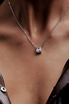White Rhodium Finish Emerald-Cut Cubic Zirconia & Crystal Pendant Necklace In Sterling Silver
