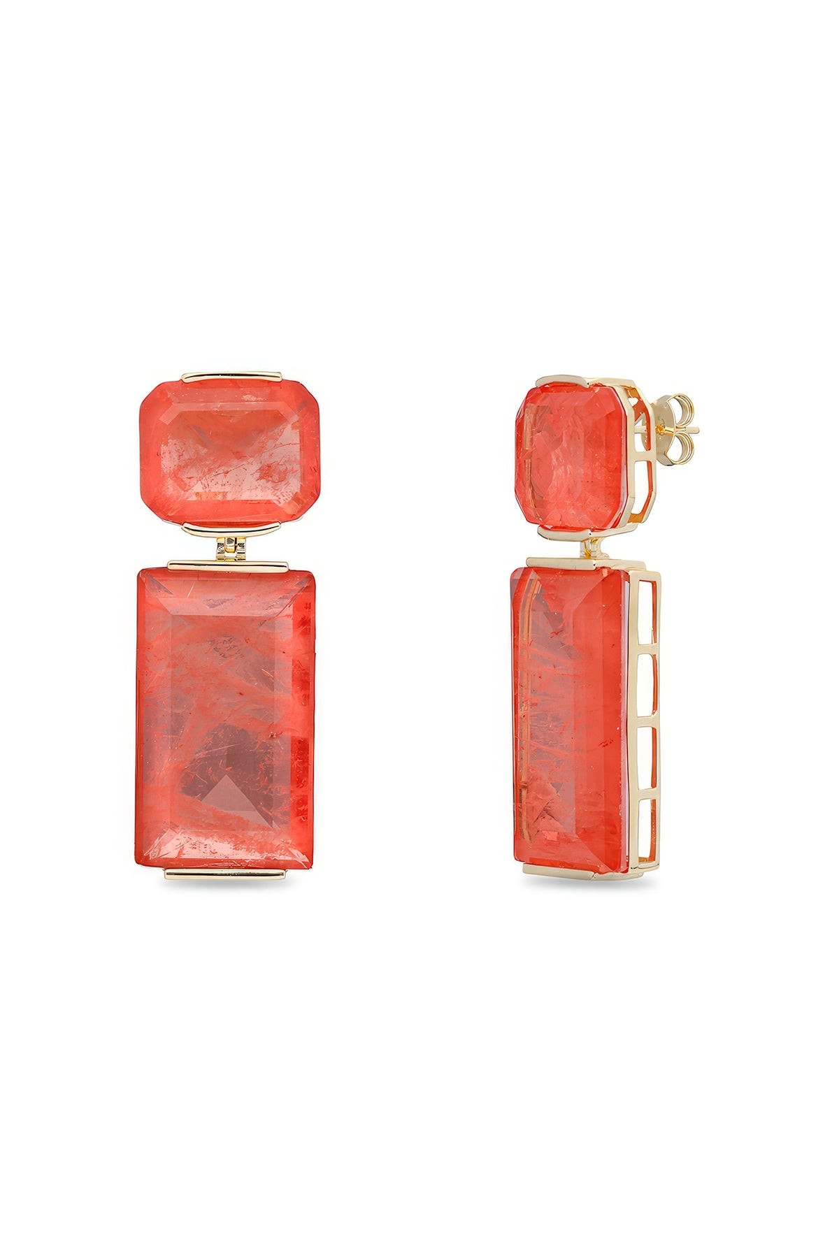Gold Finish Coral Orange Natural Stone Dangler Earrings In Sterling Silver