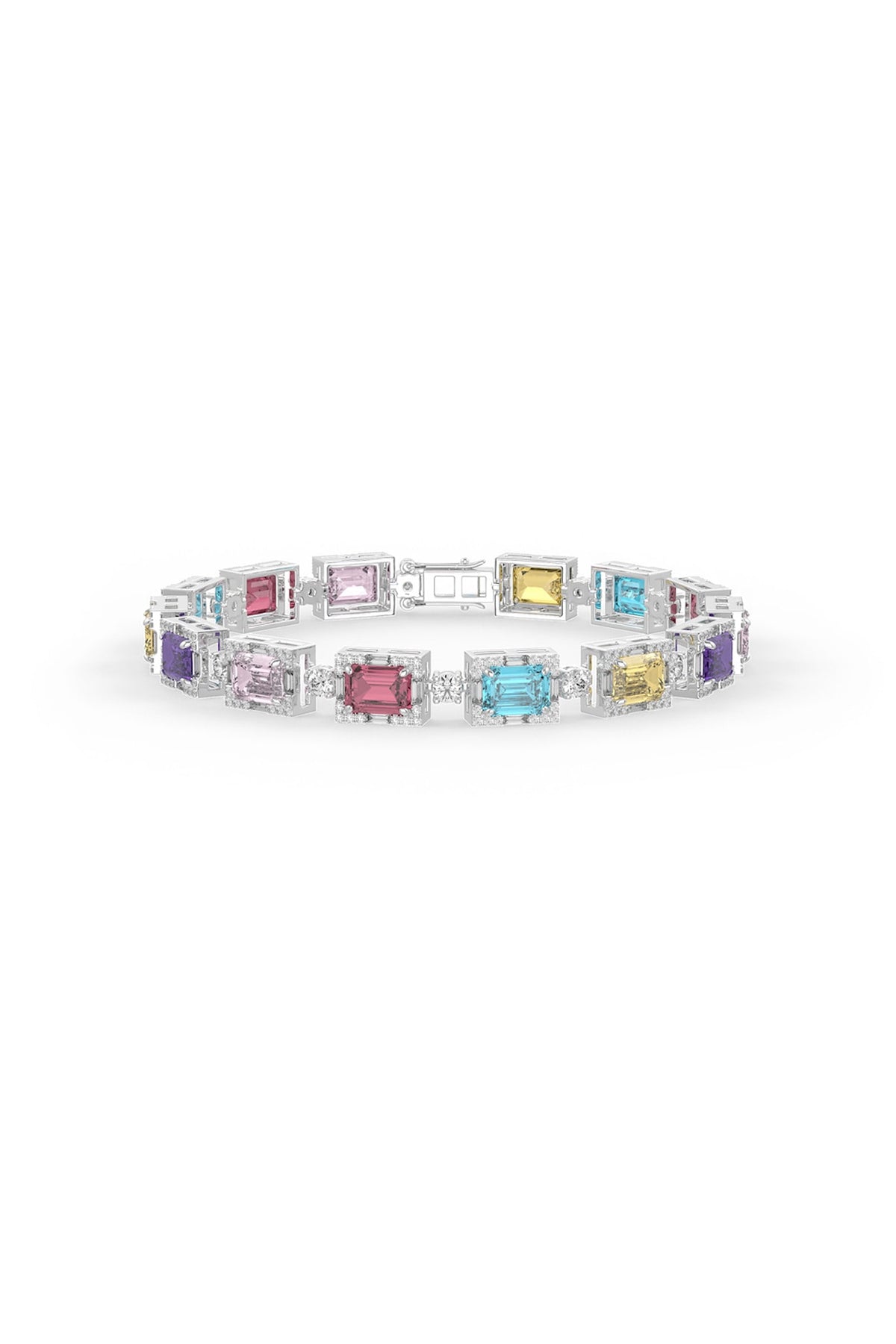 White Rhodium Finish Multi-Colored Cubic Zirconia Crystal Tennis Bracelet In Sterling Silver