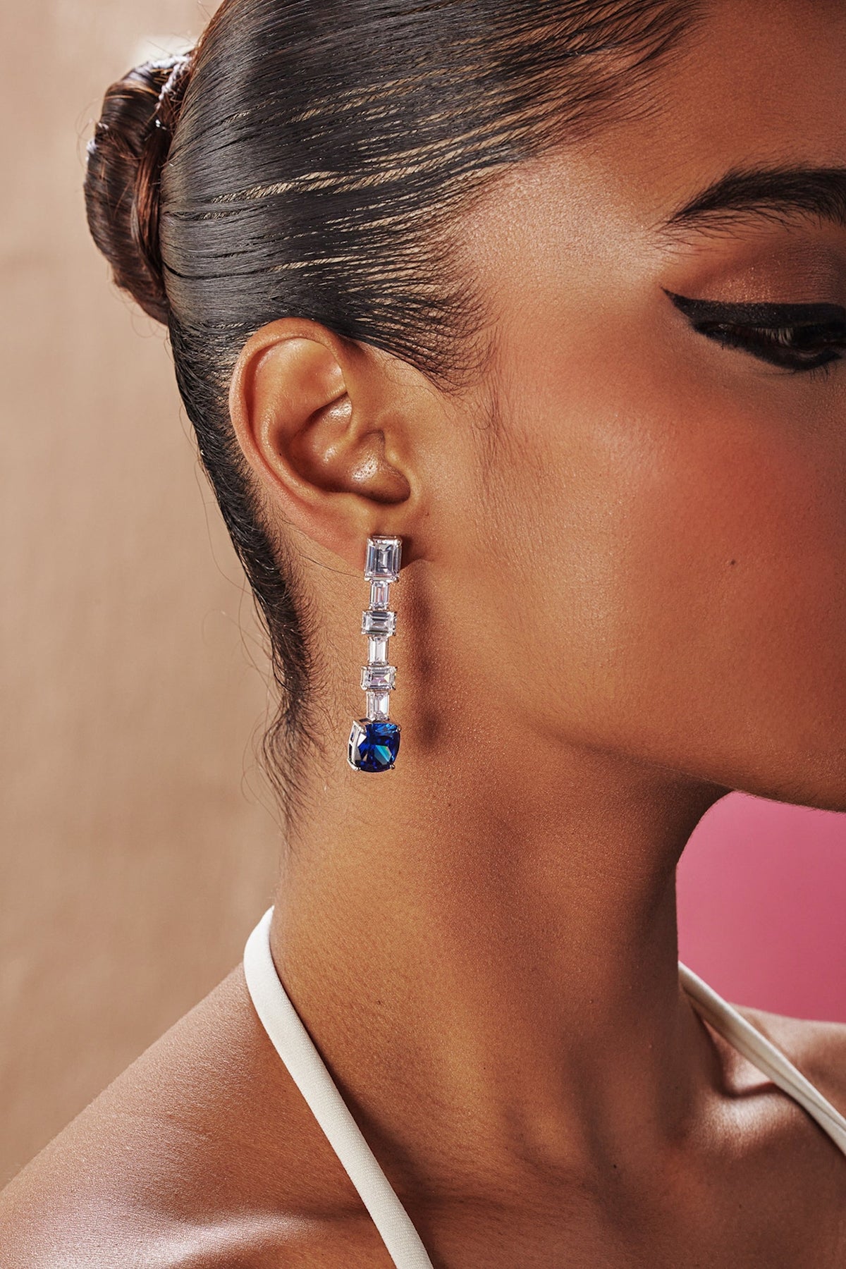 White Rhodium Finish Sapphire Cubic Zirconia Crystal Dangler Earrings In Sterling Silver