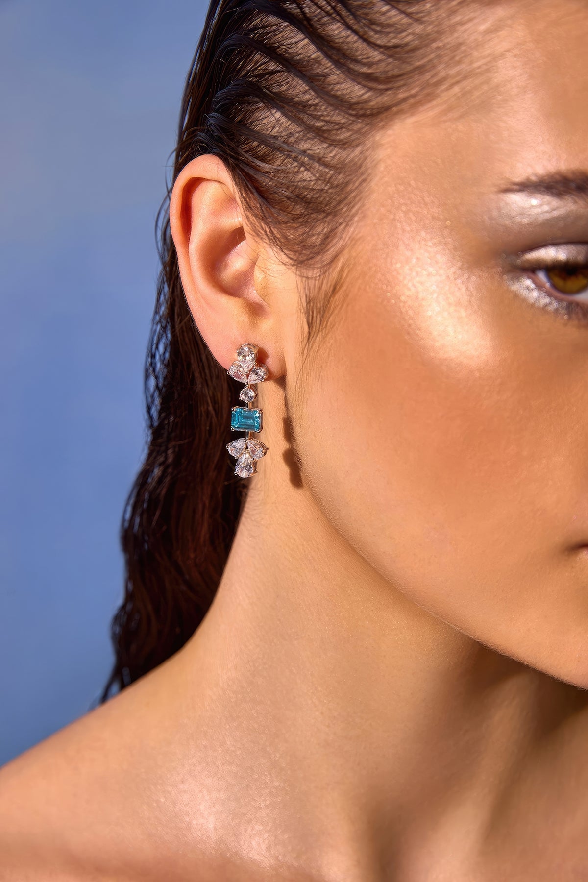 White Rhodium Finish Aqua Cubic Zirconia Crystal Dangler Earrings In Sterling Silver
