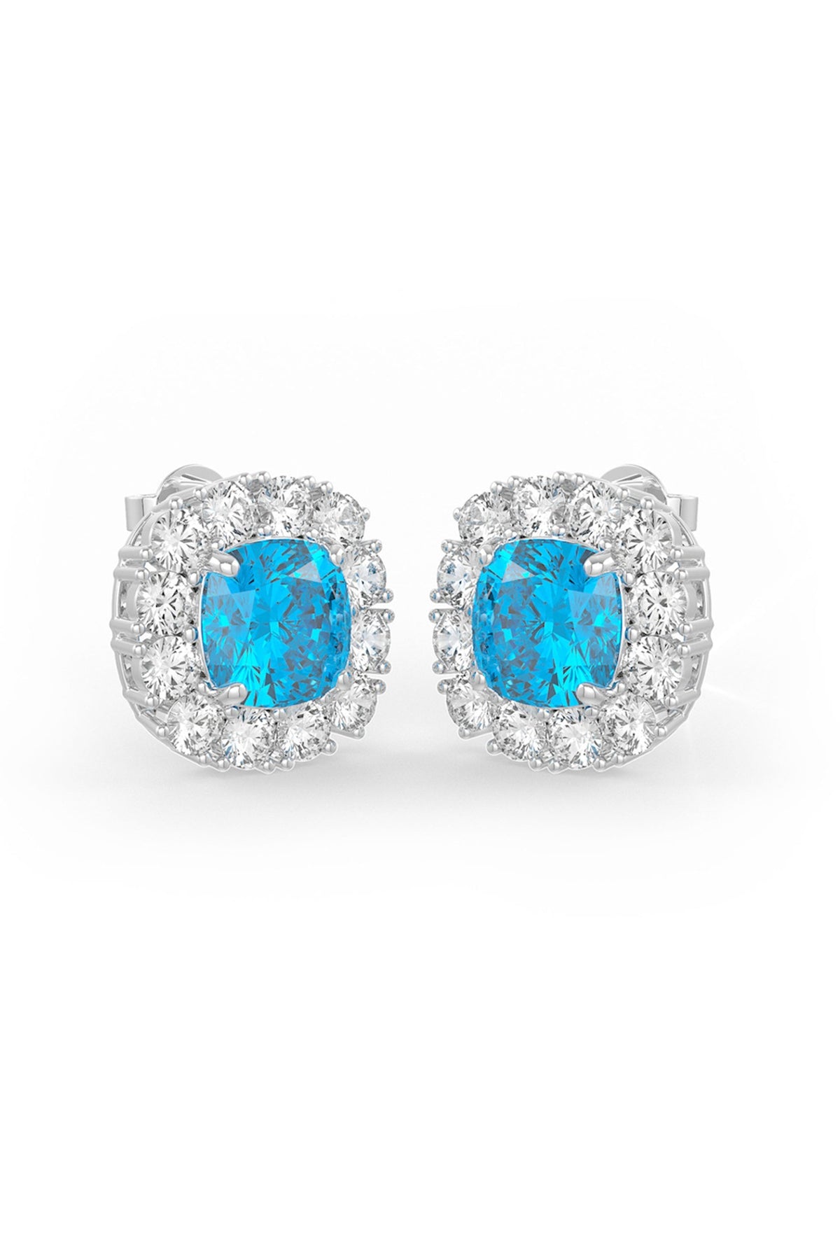 White Rhodium Finish Aqua & White Cubic Zirconia Crystal Stud Earrings In Sterling Silver
