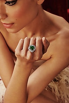 White Rhodium Finish Emerald & White Cubic Zirconia Crystal Ring In Sterling Silver