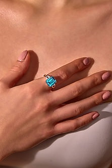 White Rhodium Finish Aqua Cubic Zirconia Crystal Ring In Sterling Silver