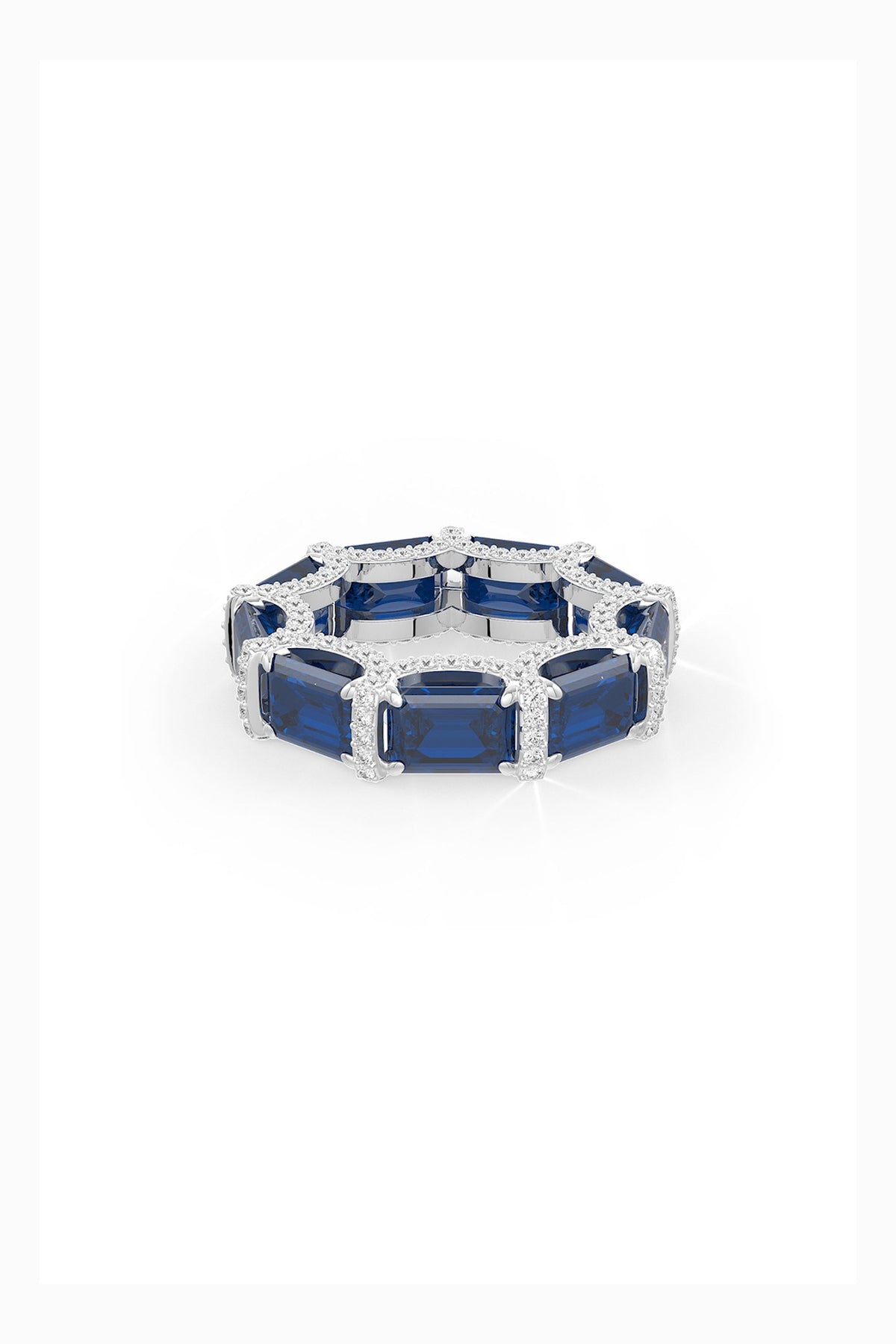 White Rhodium Finish Sapphire & White Cubic Zirconia Crystal Ring In Sterling Silver
