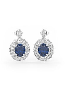 White Rhodium Finish Blue Sapphire Cubic Zirconia Crystal Dangler Earrings In Sterling Silver