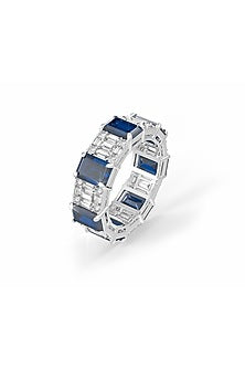White Rhodium Finish Sapphire & White Cubic Zirconia Crystal Ring In Sterling Silver