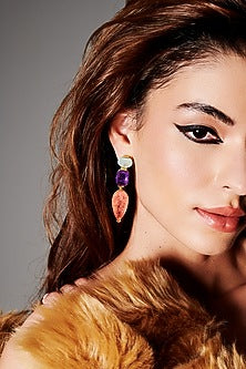 Gold Finish Multi-Colored Natural Stone Drop Dangler Earrings In Sterling Silver