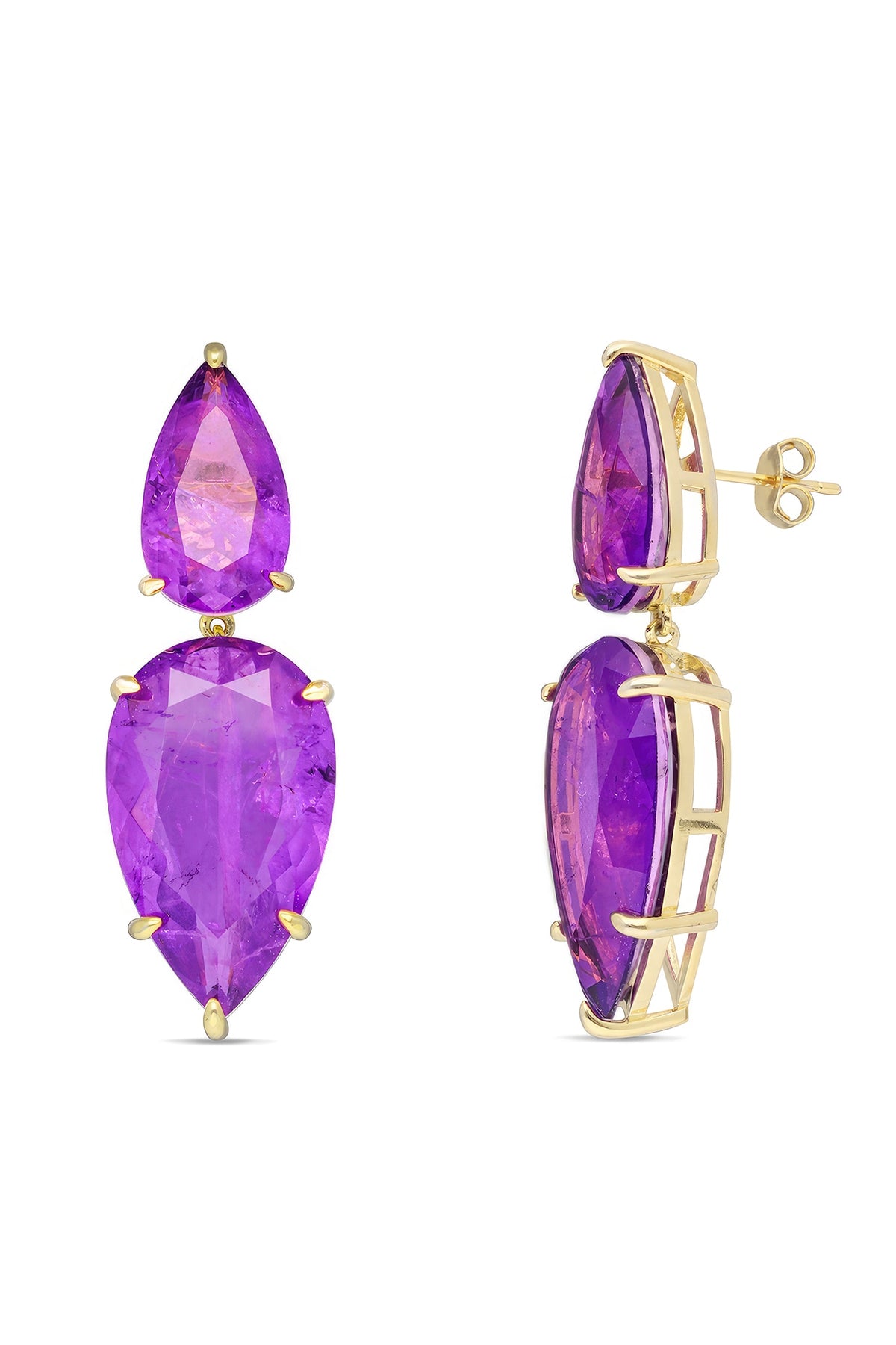 Gold Finish Purple Natural Stone Dangler Earrings In Sterling Silver