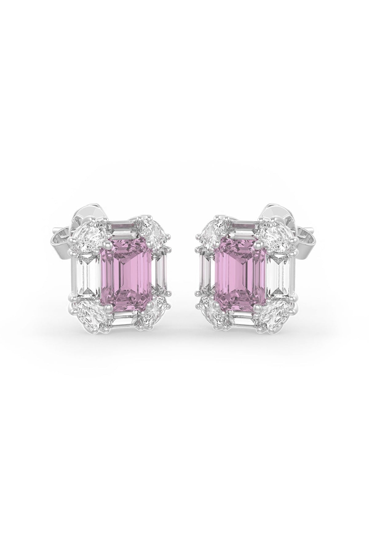 White Rhodium Finish Pink Cubic Zirconia Crystal Stud Earrings In Sterling Silver
