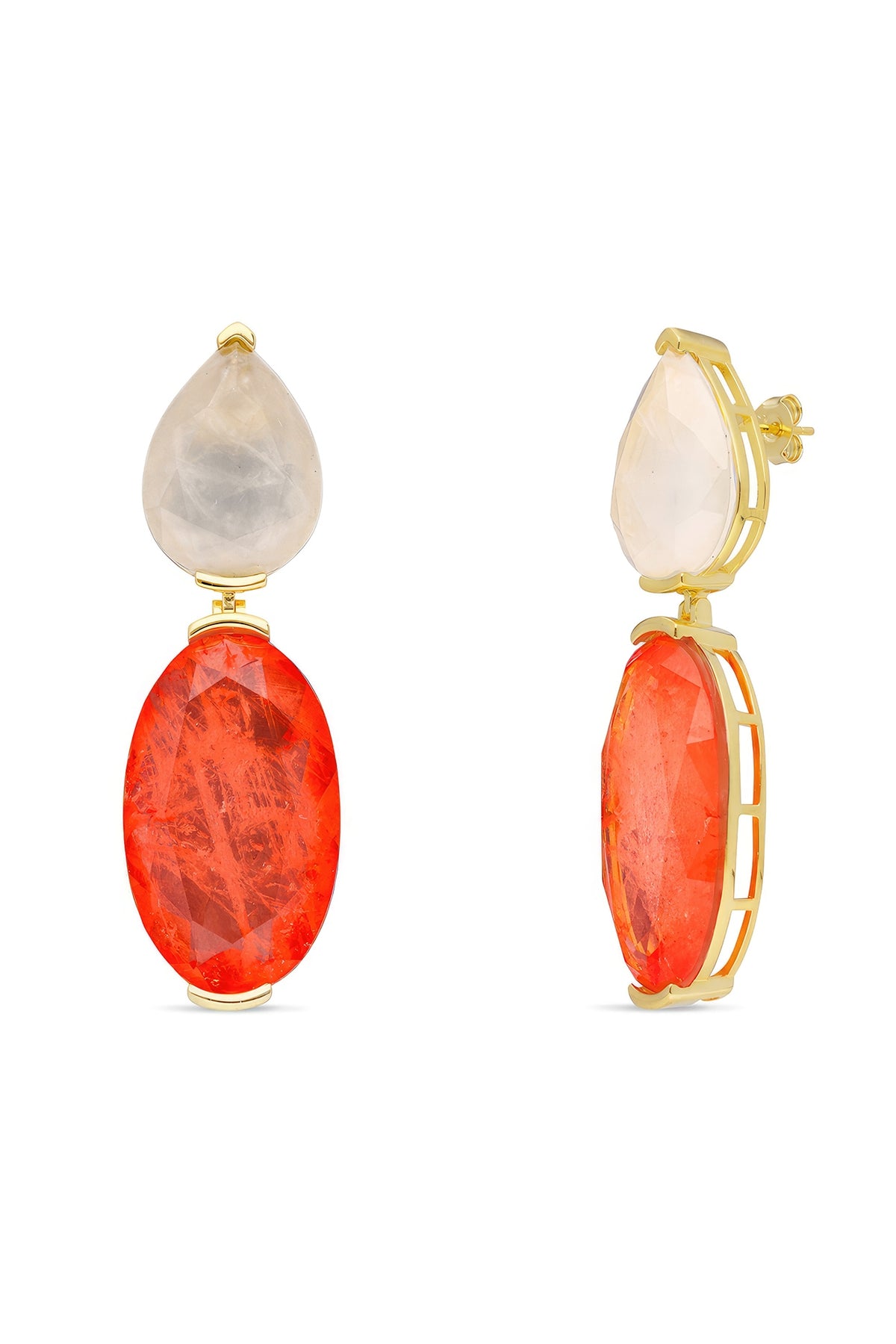 Gold Finish White & Orange Red Natural Stone Dangler Earrings In Sterling Silver