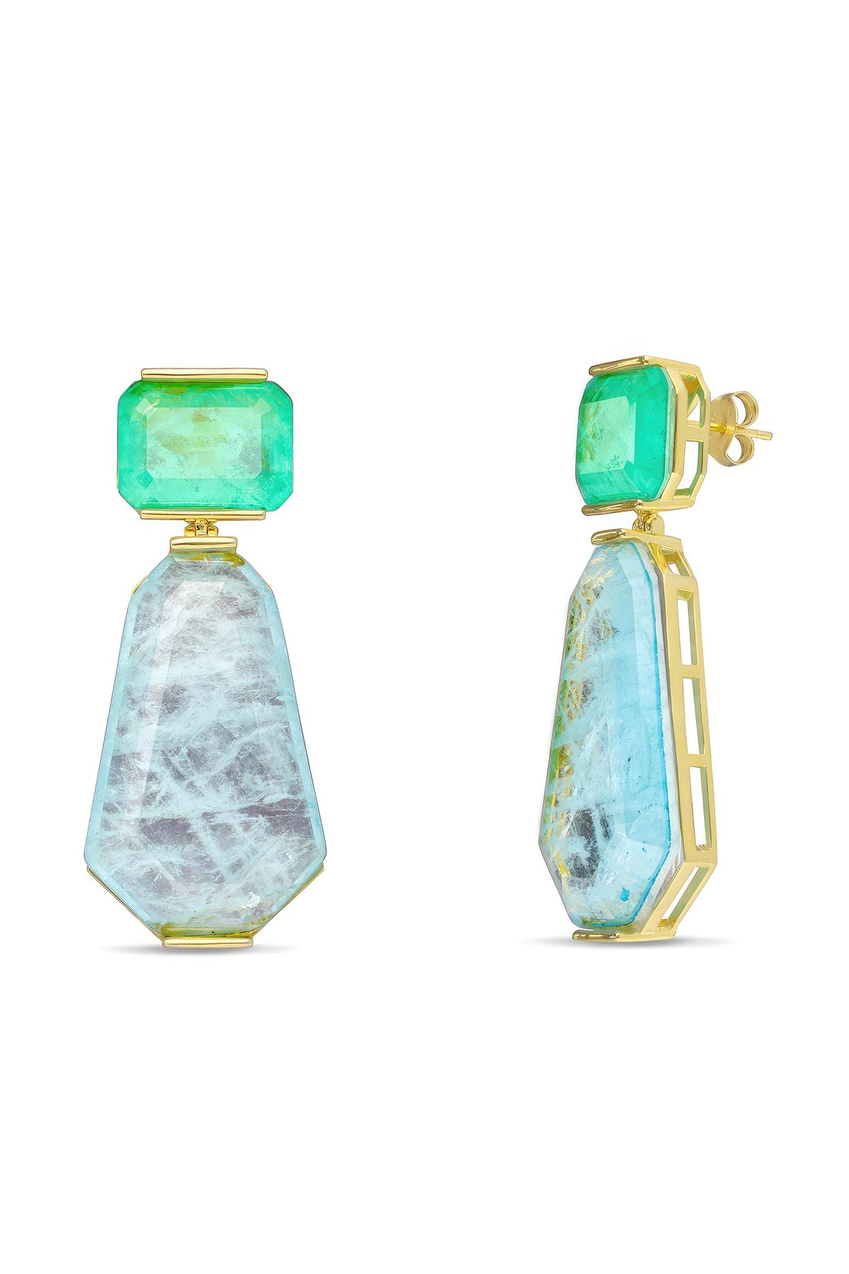 Gold Finish Turquoise & Sky Blue Natural Stone Dangler Earrings In Sterling Silver