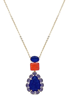 Gold Finish Coral Orange & Dark Blue Natural Stone Peacock Pendant Necklace In Sterling Silver