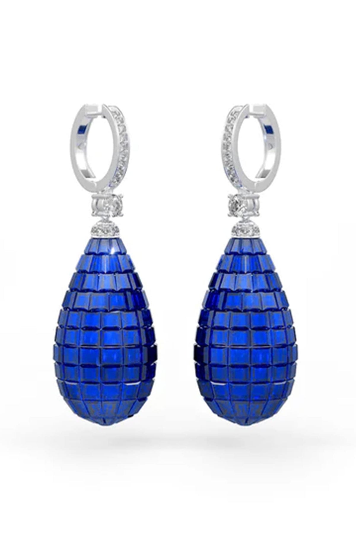 White Rhodium Finish Blue Stone Spinel Dangler Earrings In Sterling Silver