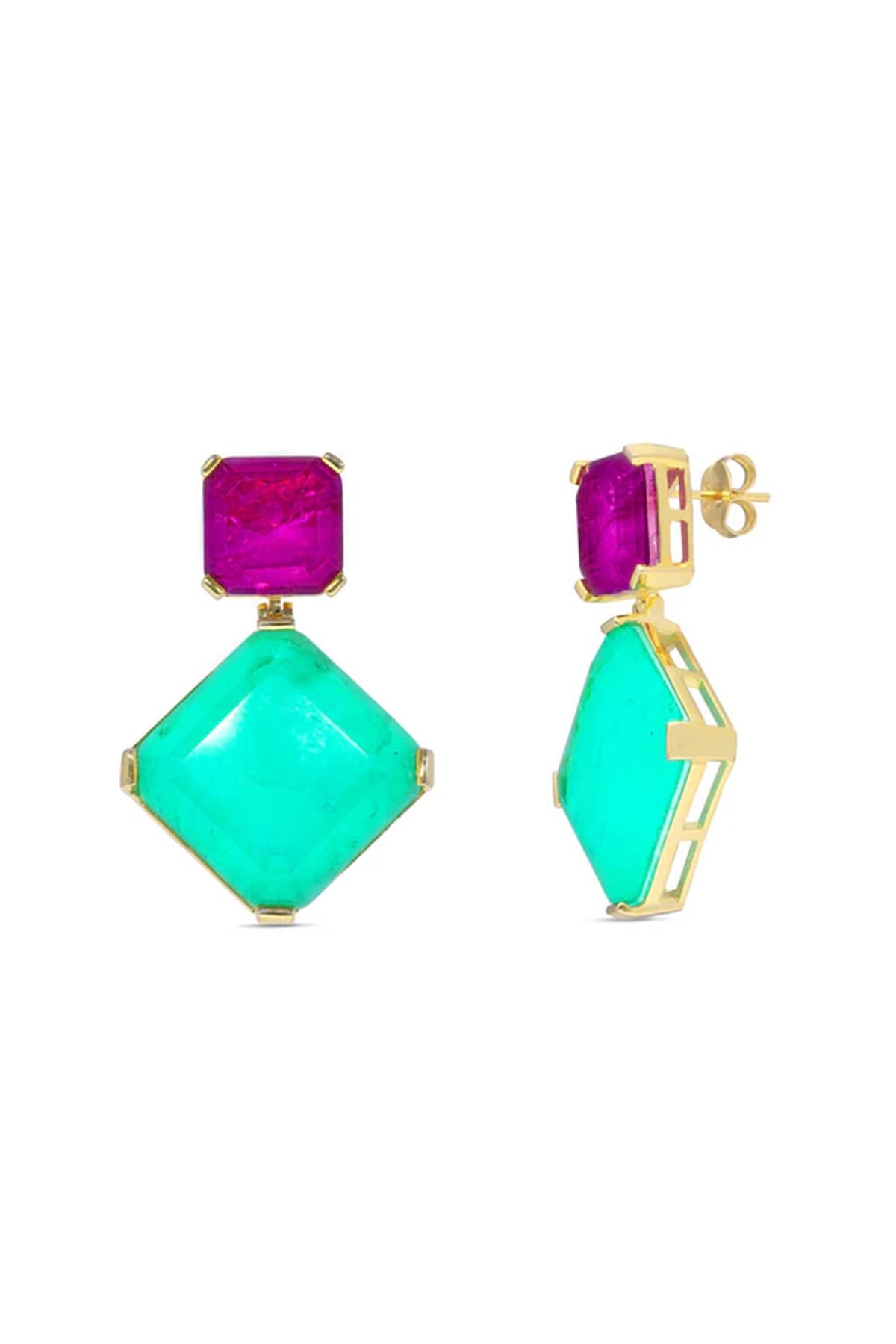 Gold Finish Pink & Emerald Stone Dangler Earrings In Sterling Silver