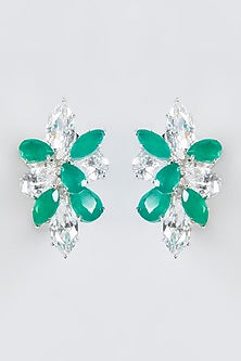 White Finish Emerald Synthetic Earrings In Sterling Silver
