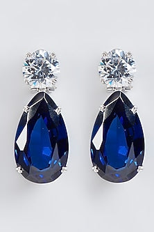 White Finish Solitaire & Sapphire Stud Earrings In Sterling Silver