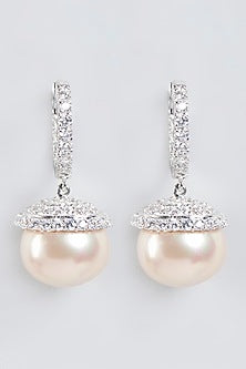 White Finish Pearl Dangler Earrings In Sterling Silver