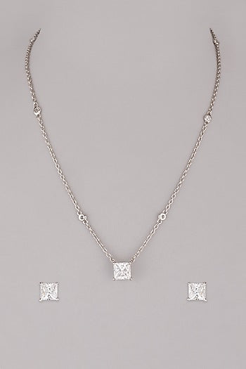 White Finish Diamond Pendant Necklace Set In Sterling Silver